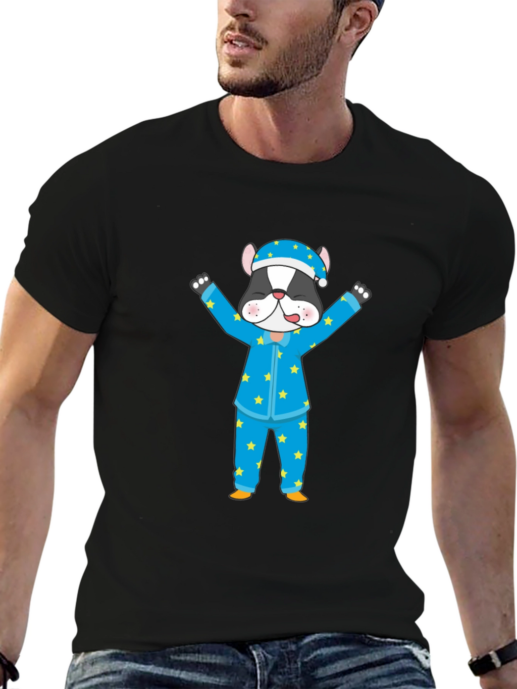 Cartoon Dog Pajamas Black T-Shirt