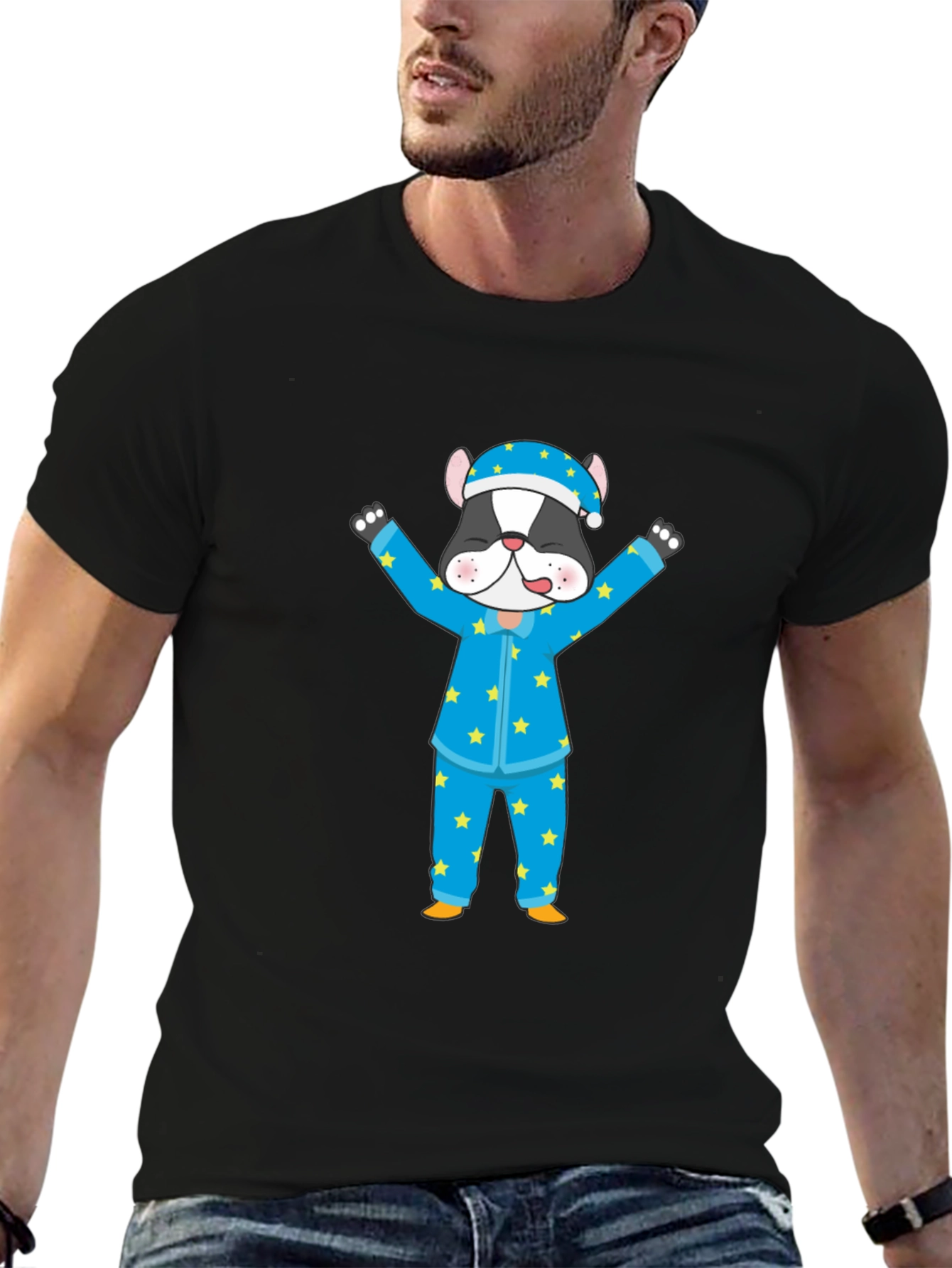 Cartoon Dog Pajamas Black T-Shirt