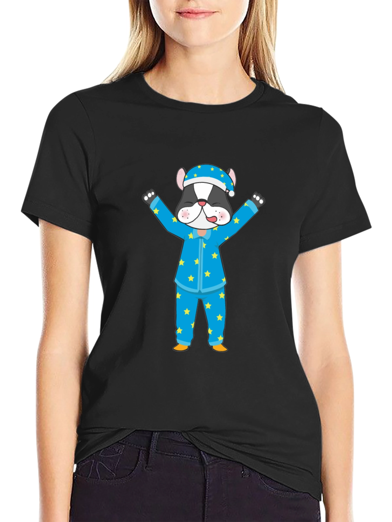 Cartoon Dog Pajamas Black T-Shirt