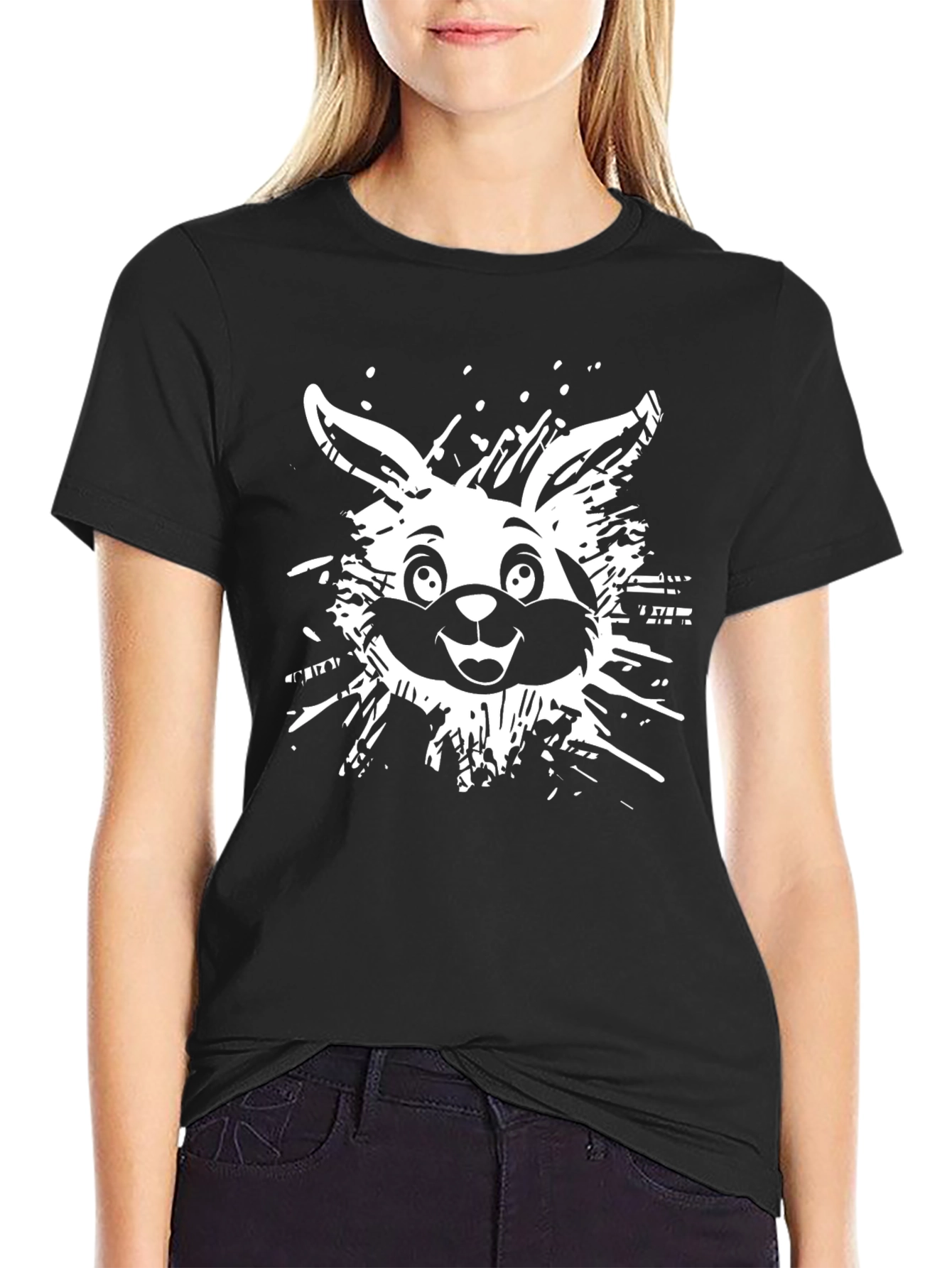 Bunny Graphic Tee - Black Cotton Casual T-Shirt