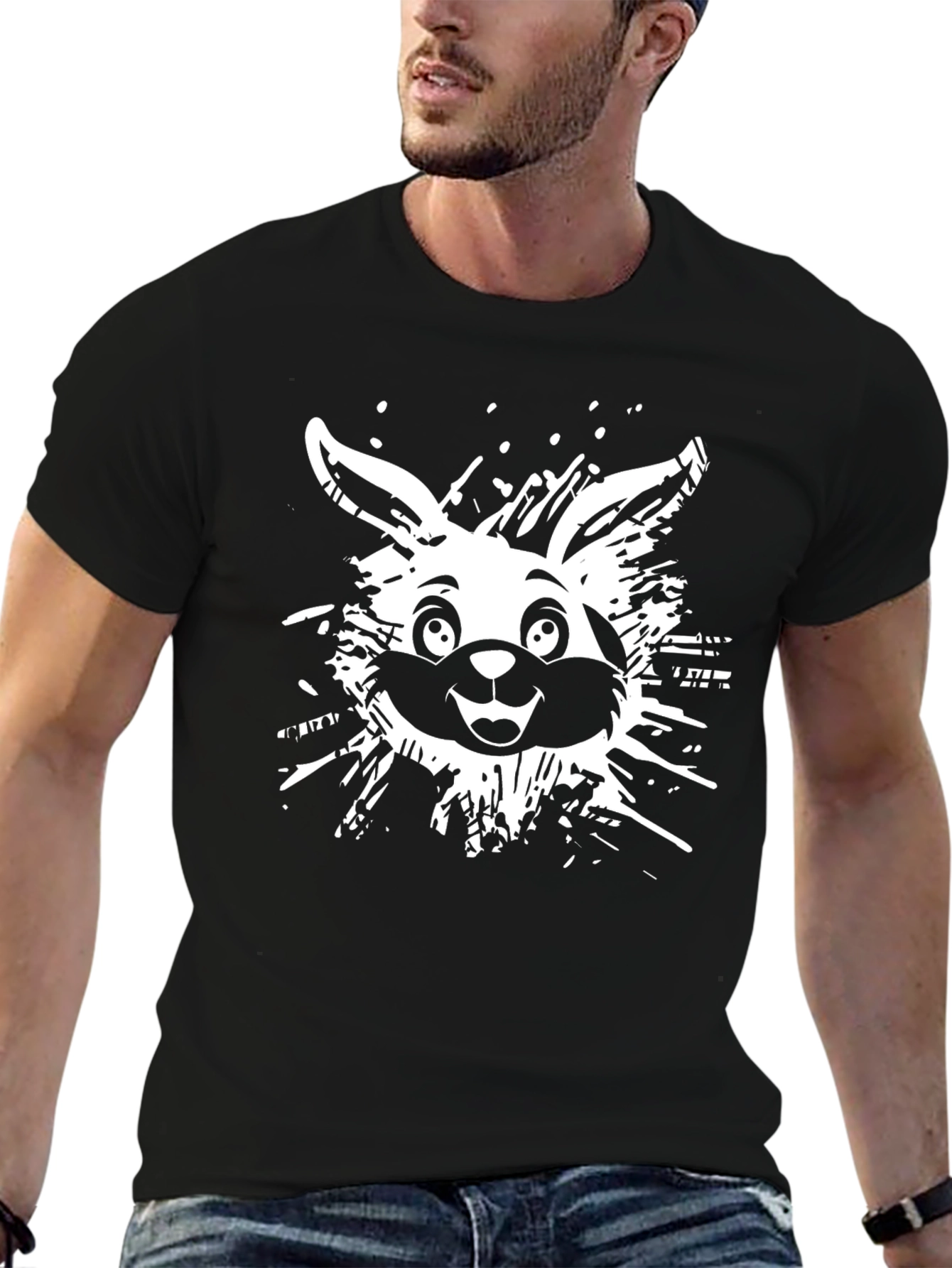Bunny Graphic Tee - Black Cotton Casual T-Shirt