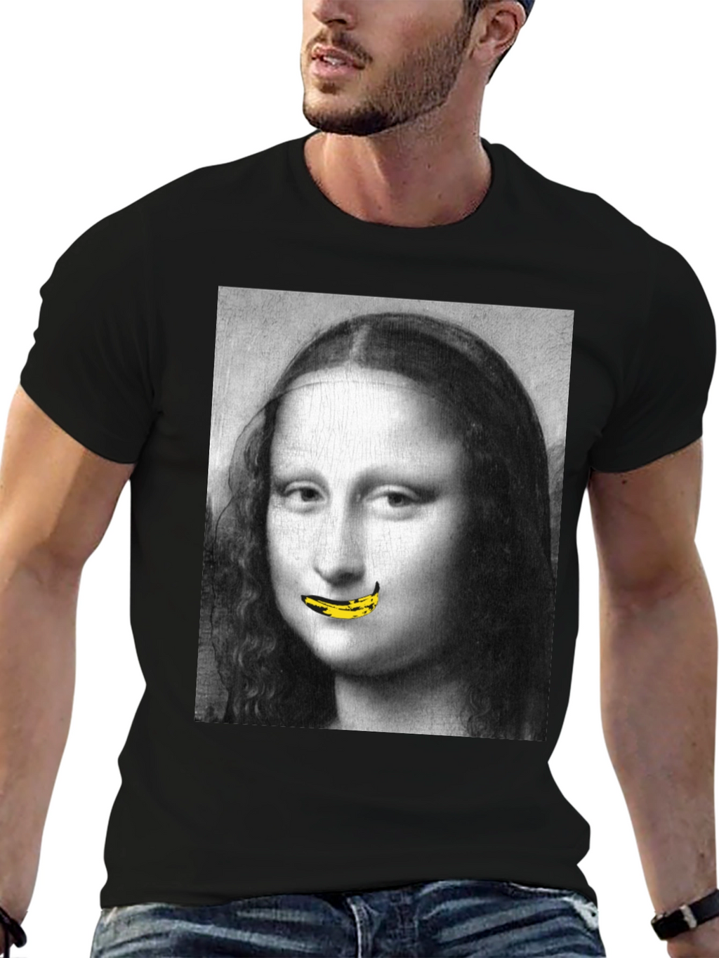Mona Lisa Banana Mouth Black T-Shirt