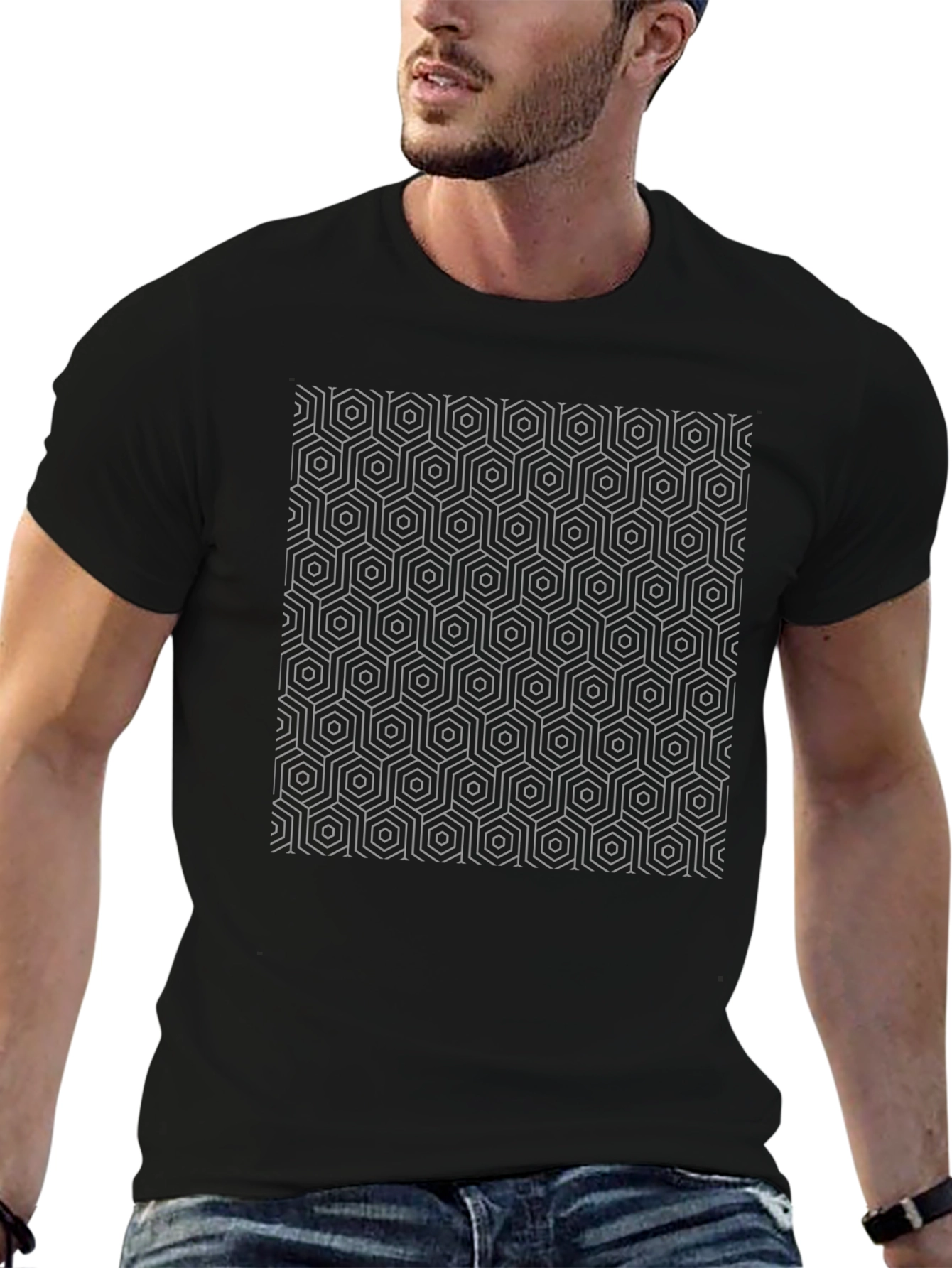Geometric Hexagon Patterned Black T-Shirt