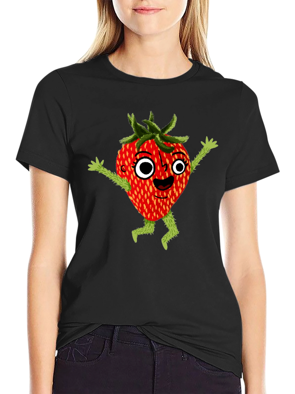 Whimsical Strawberry Cartoon Graphic T-Shirt