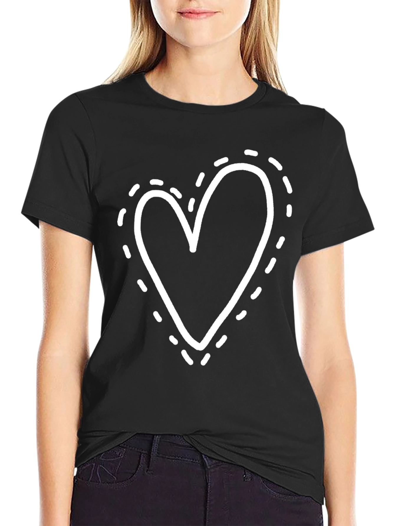 Heart Dotted Outline Black Tee - Casual Comfort