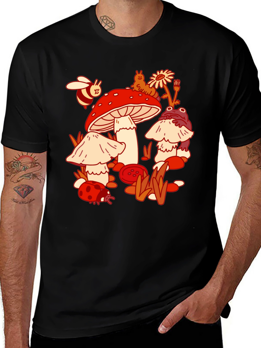 Mushroom Meadow Graphic Tee - Whimsical Black T-Shirt