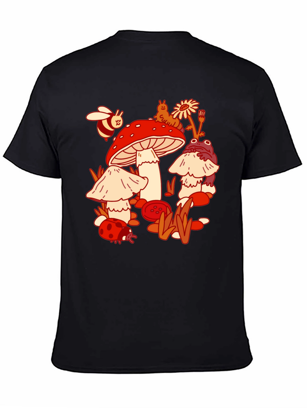 Mushroom Meadow Graphic Tee - Whimsical Black T-Shirt