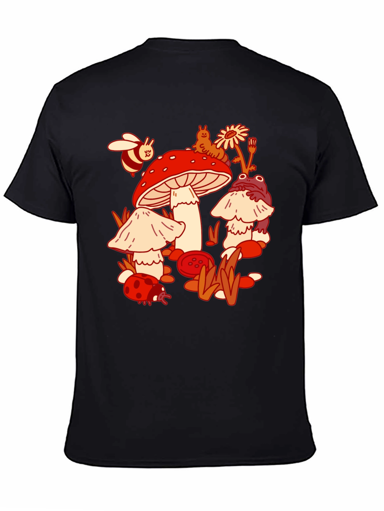 Mushroom Meadow Graphic Tee - Whimsical Black T-Shirt