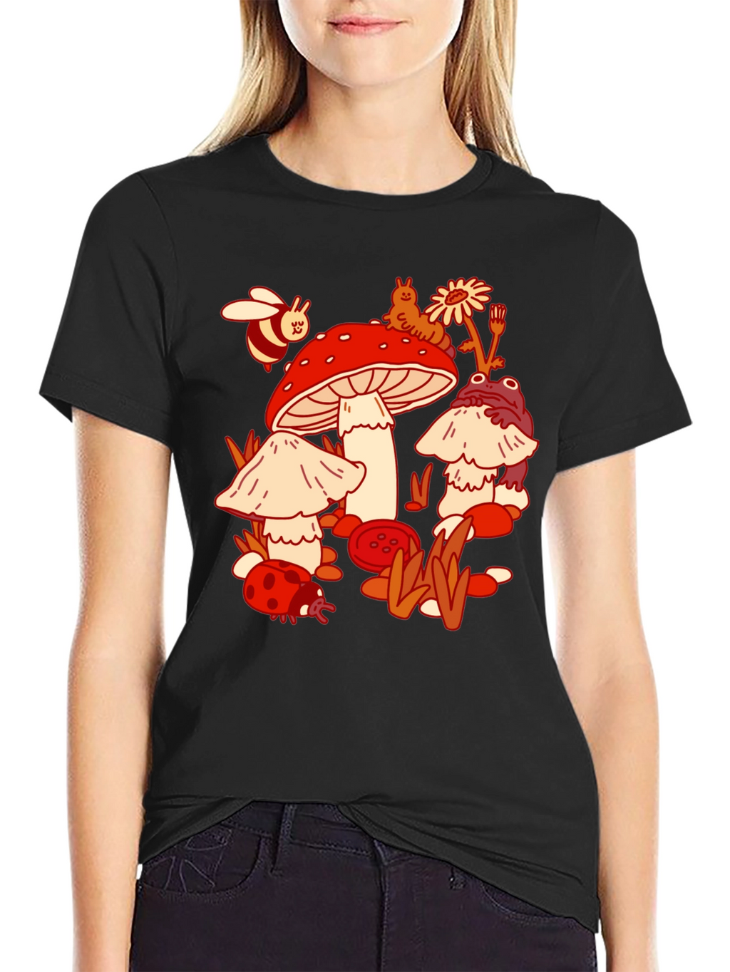 Mushroom Meadow Graphic Tee - Whimsical Black T-Shirt