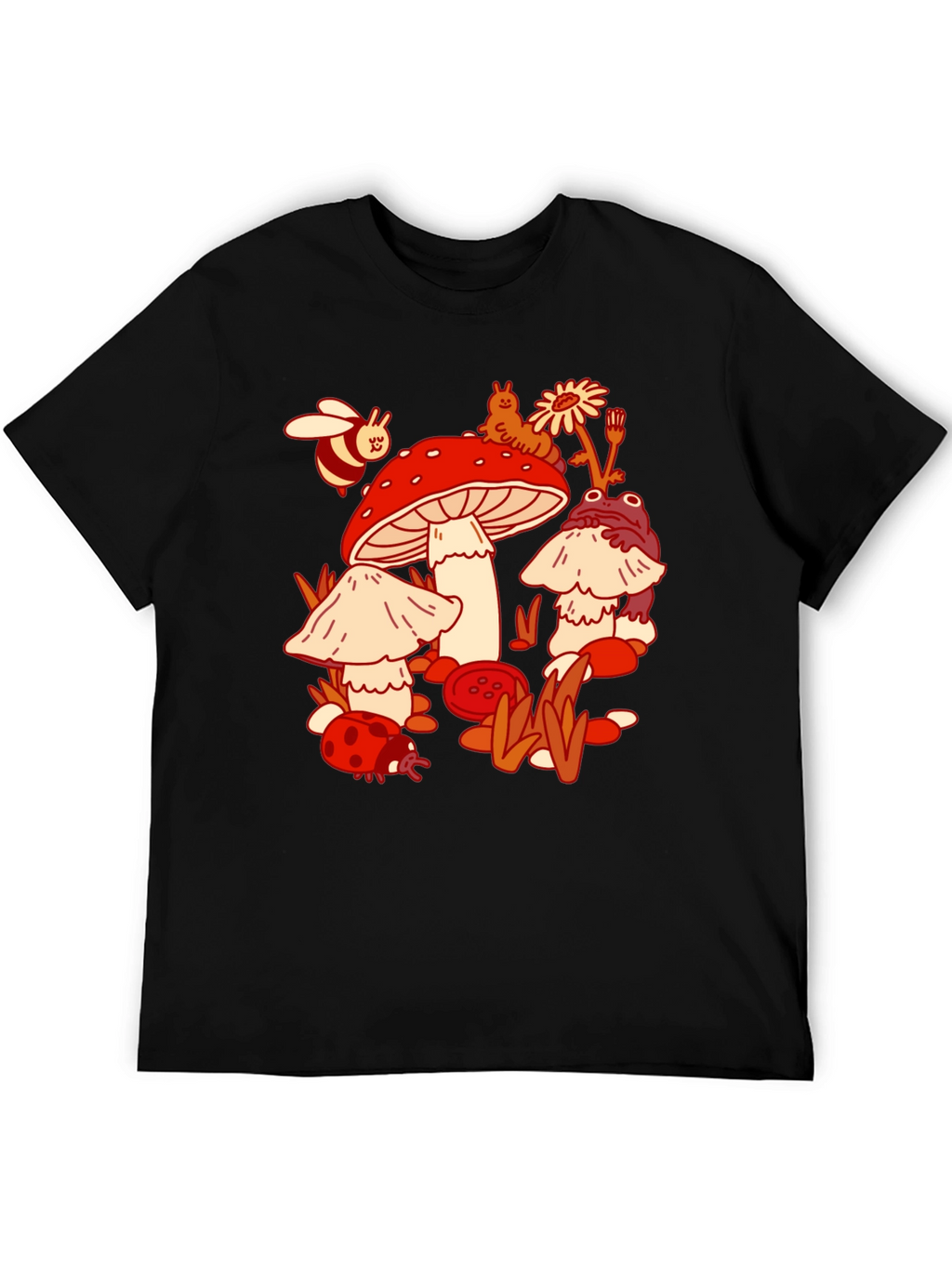 Mushroom Meadow Graphic Tee - Whimsical Black T-Shirt