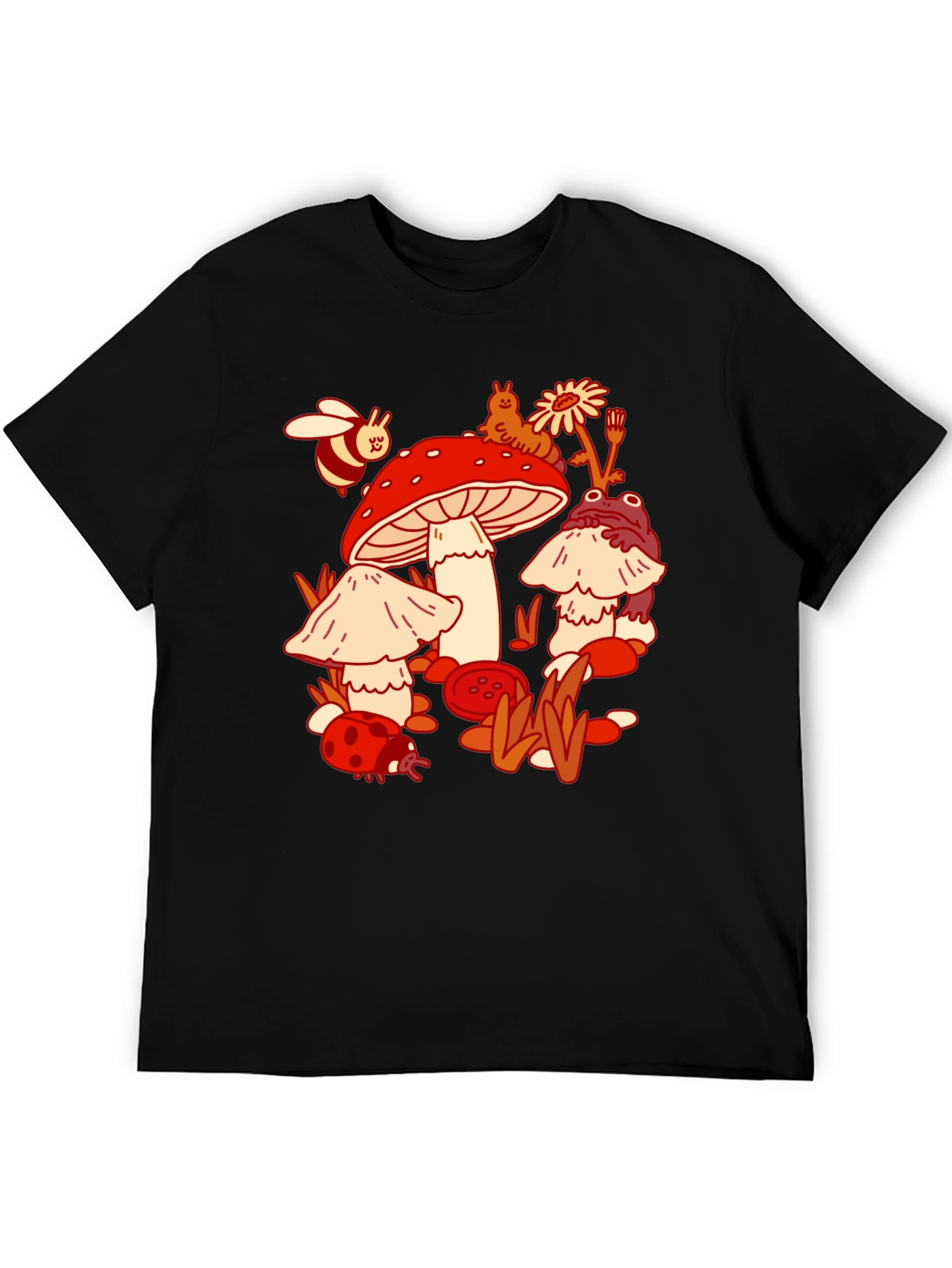 Mushroom Meadow Graphic Tee - Whimsical Black T-Shirt
