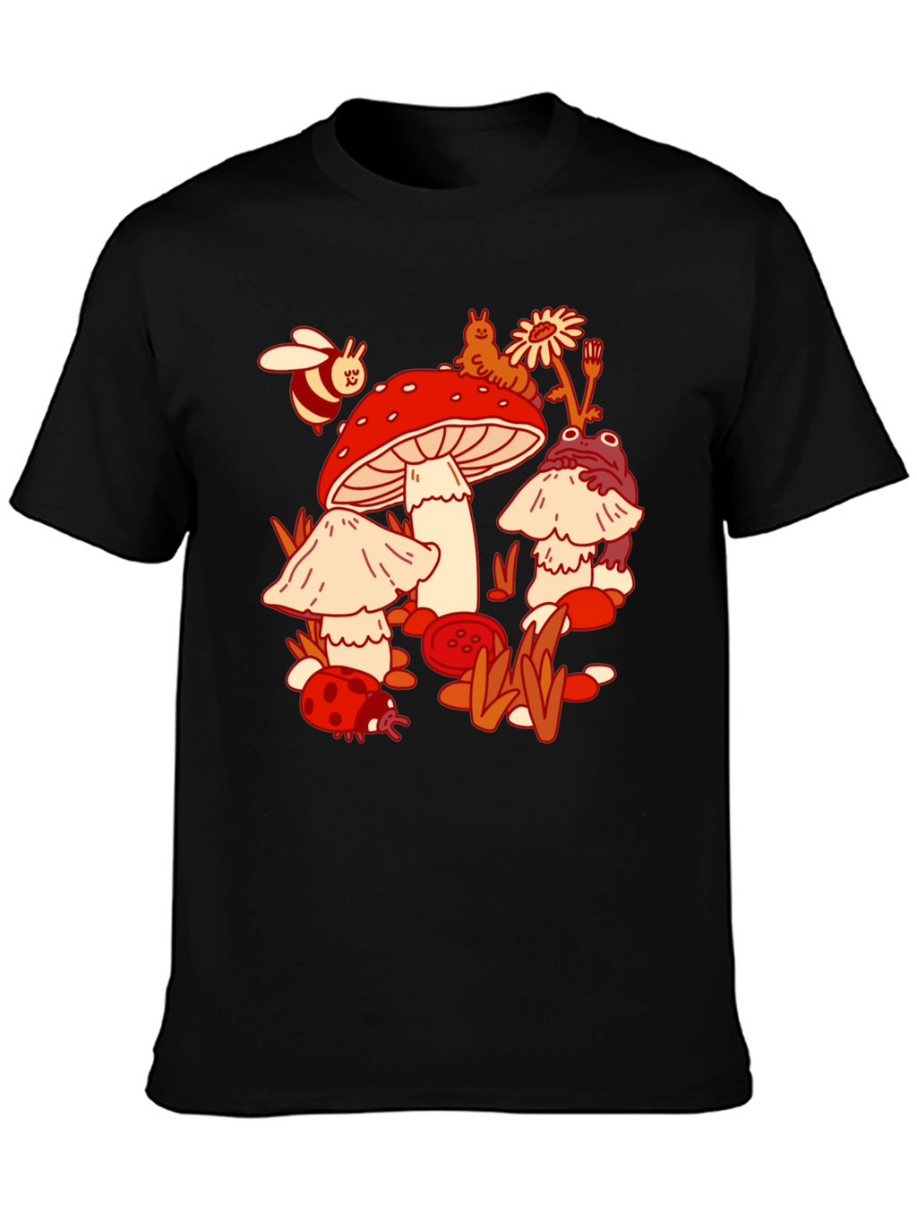 Mushroom Meadow Graphic Tee - Whimsical Black T-Shirt
