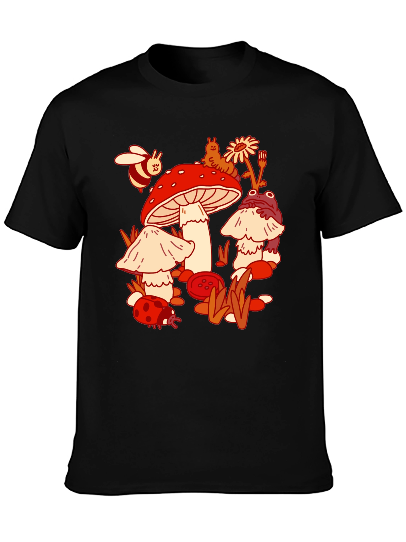 Mushroom Meadow Graphic Tee - Whimsical Black T-Shirt
