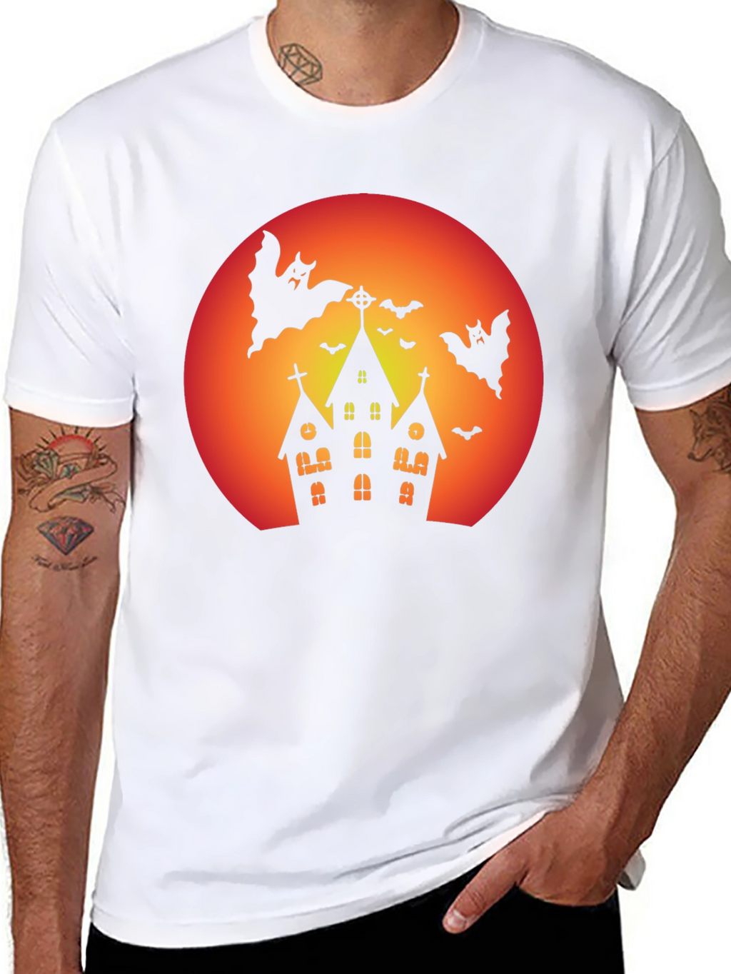 Spooky Halloween T-Shirt - Haunted House & Bats