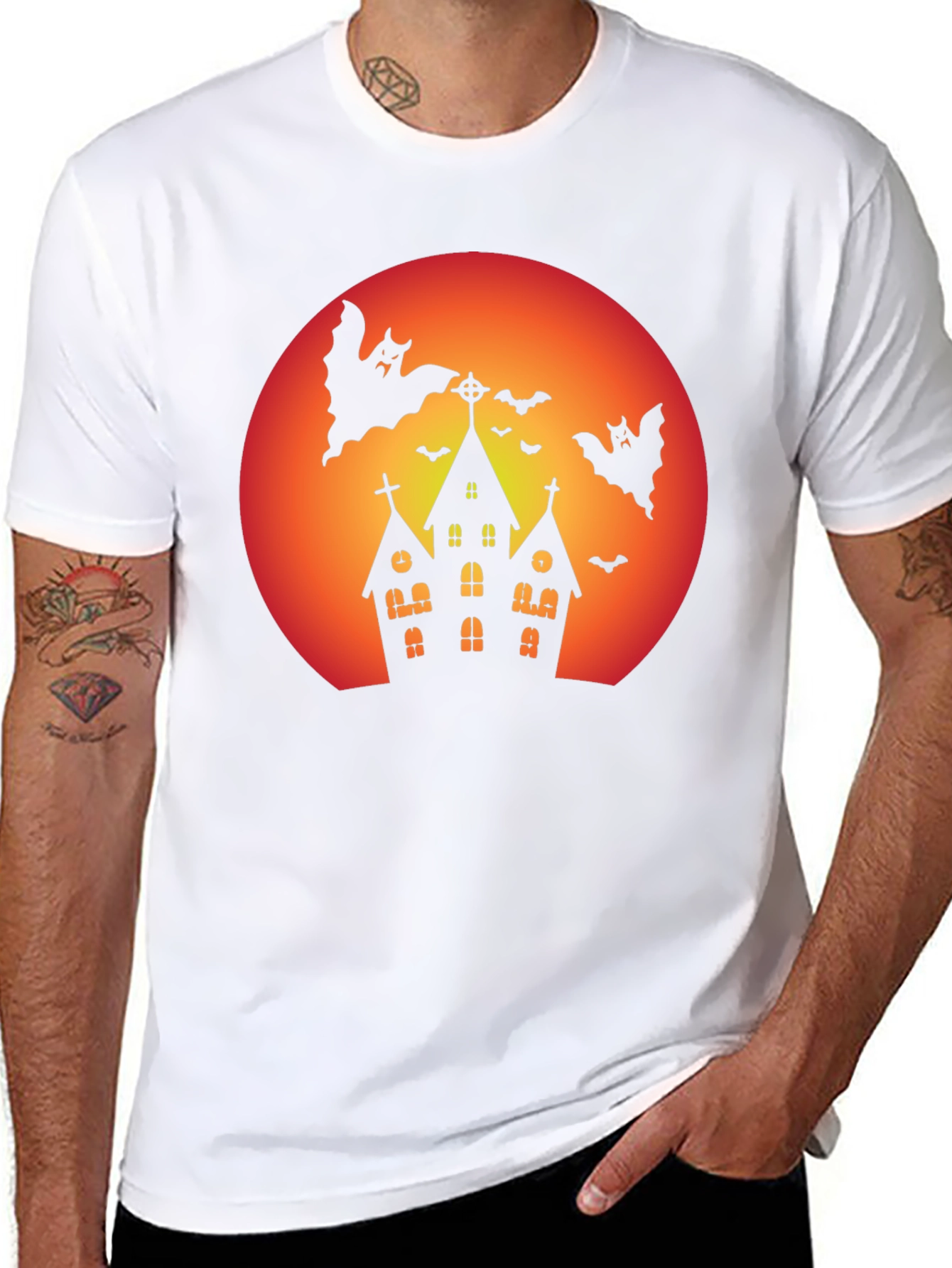 Spooky Halloween T-Shirt - Haunted House & Bats