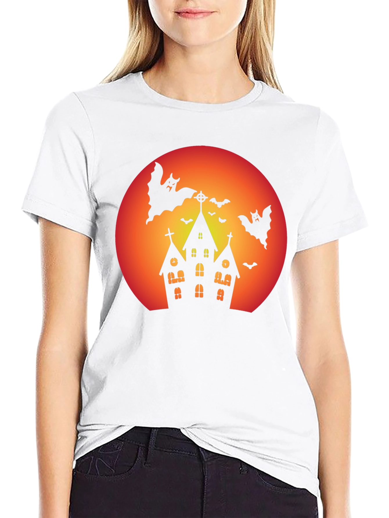 Spooky Halloween T-Shirt - Haunted House & Bats