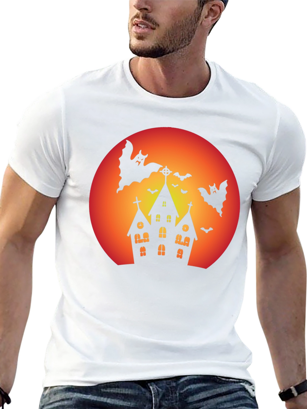 Spooky Halloween T-Shirt - Haunted House & Bats