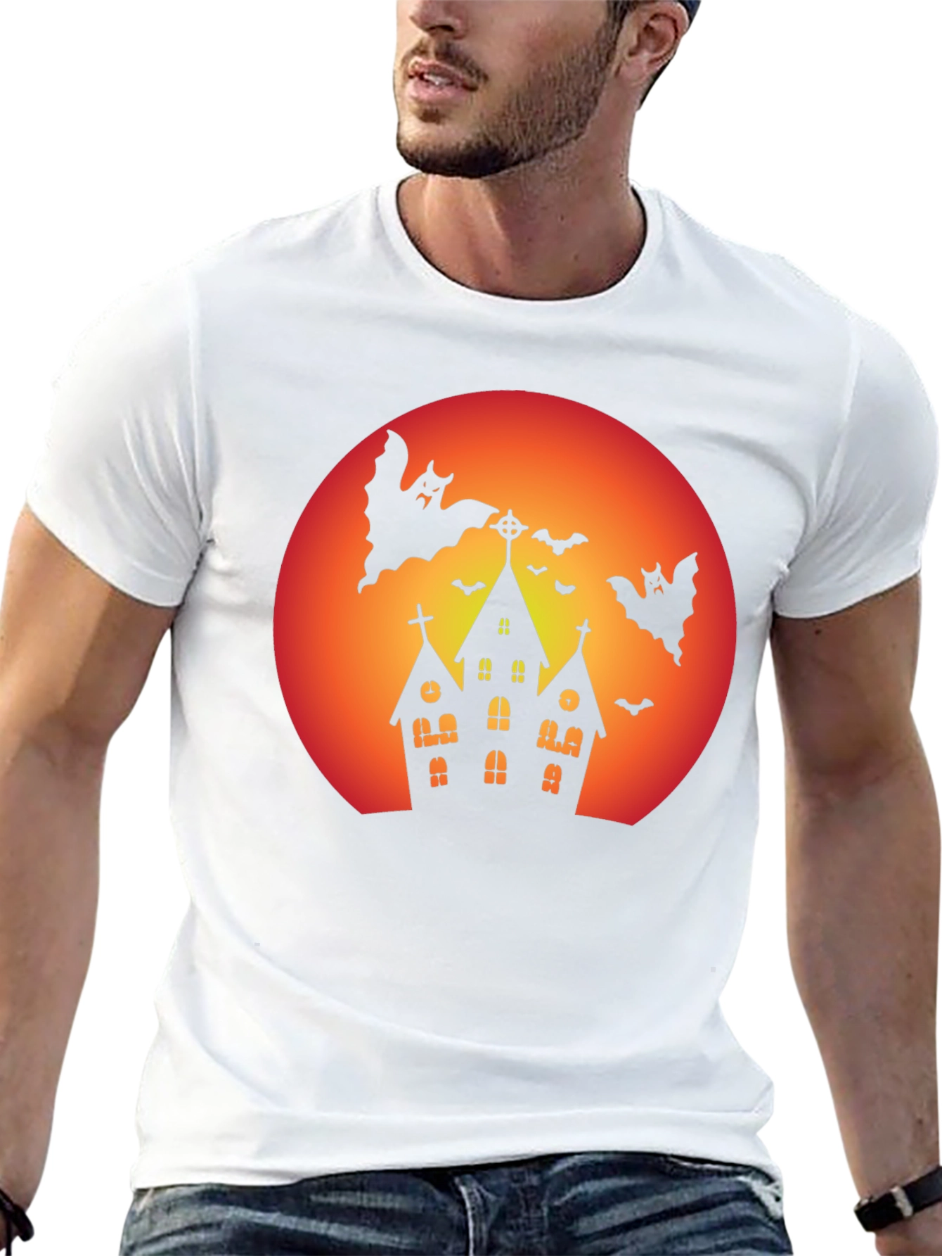 Spooky Halloween T-Shirt - Haunted House & Bats