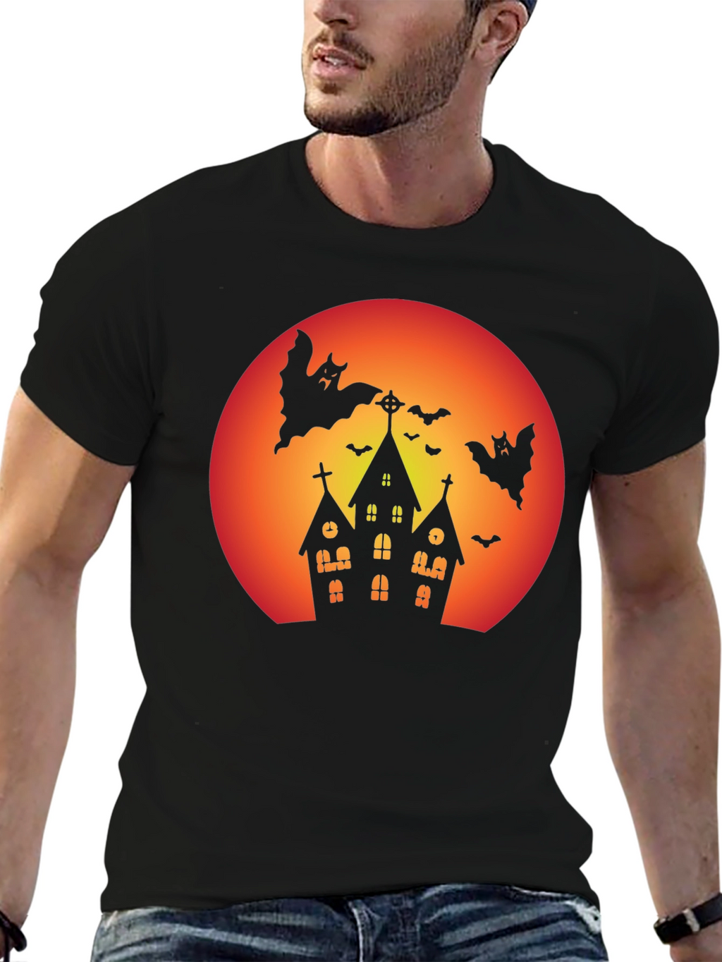 Spooky Halloween T-Shirt - Haunted House & Bats