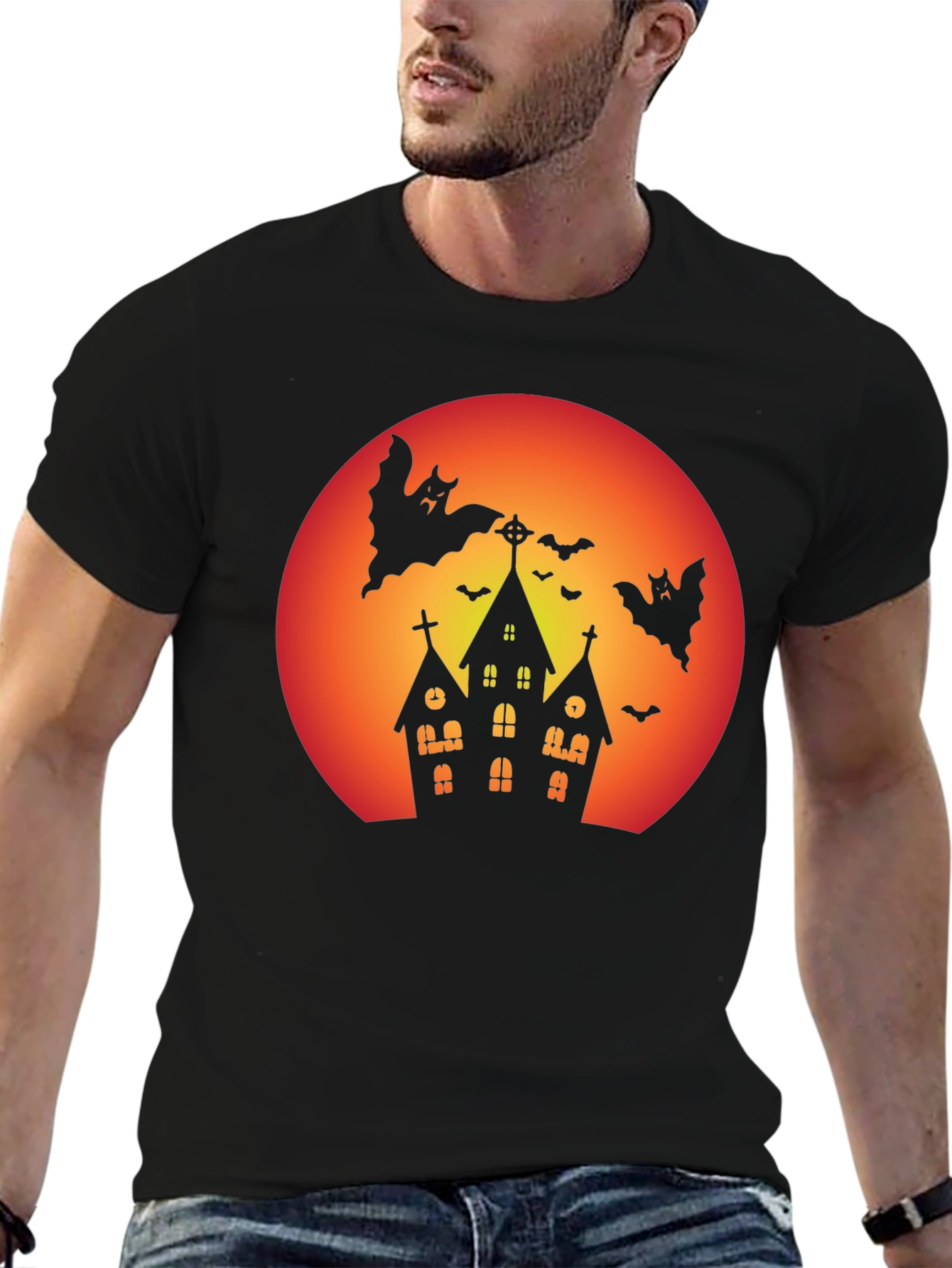 Spooky Halloween T-Shirt - Haunted House & Bats