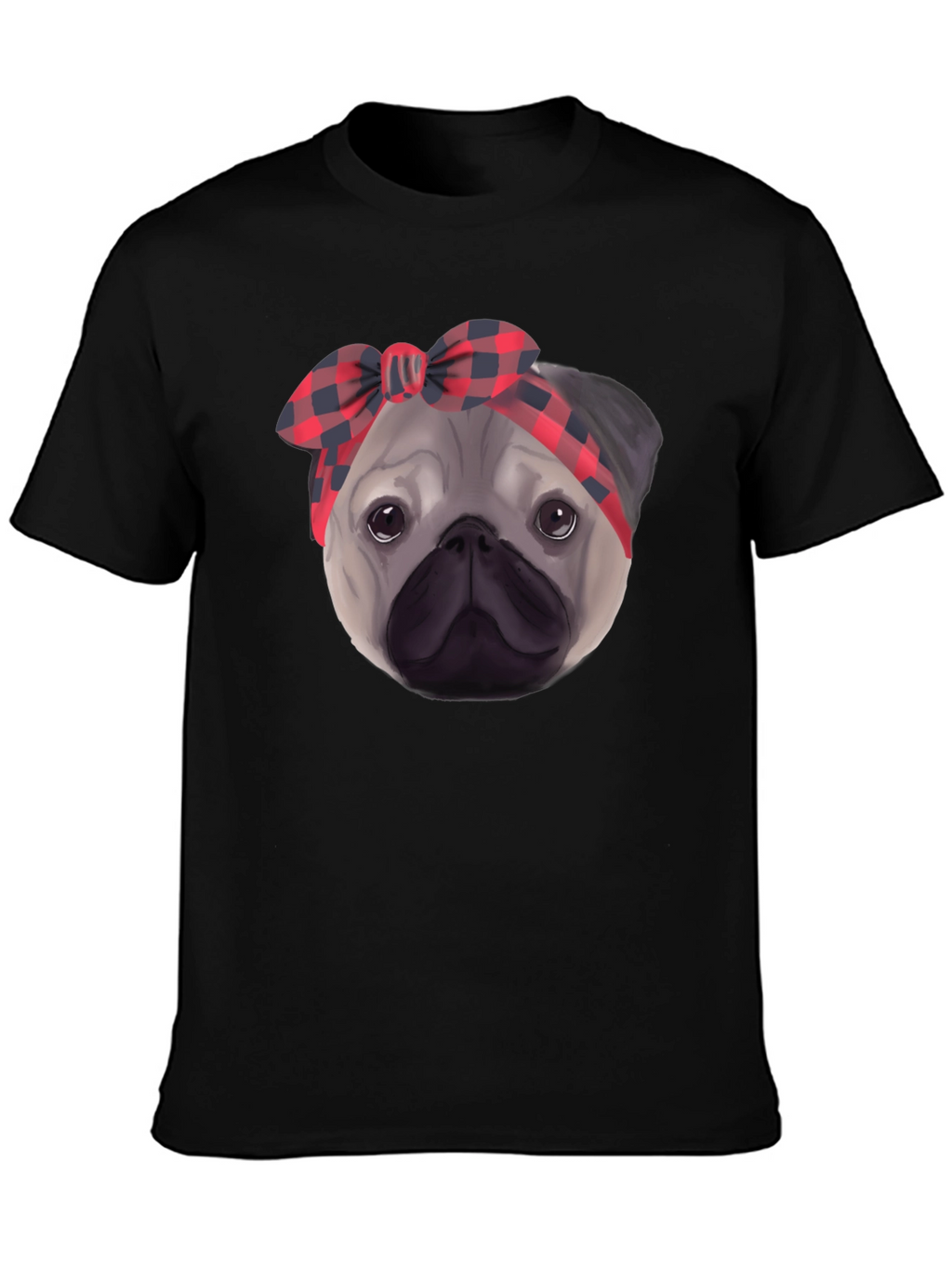 Pug Head Plaid Bandana Black T-Shirt
