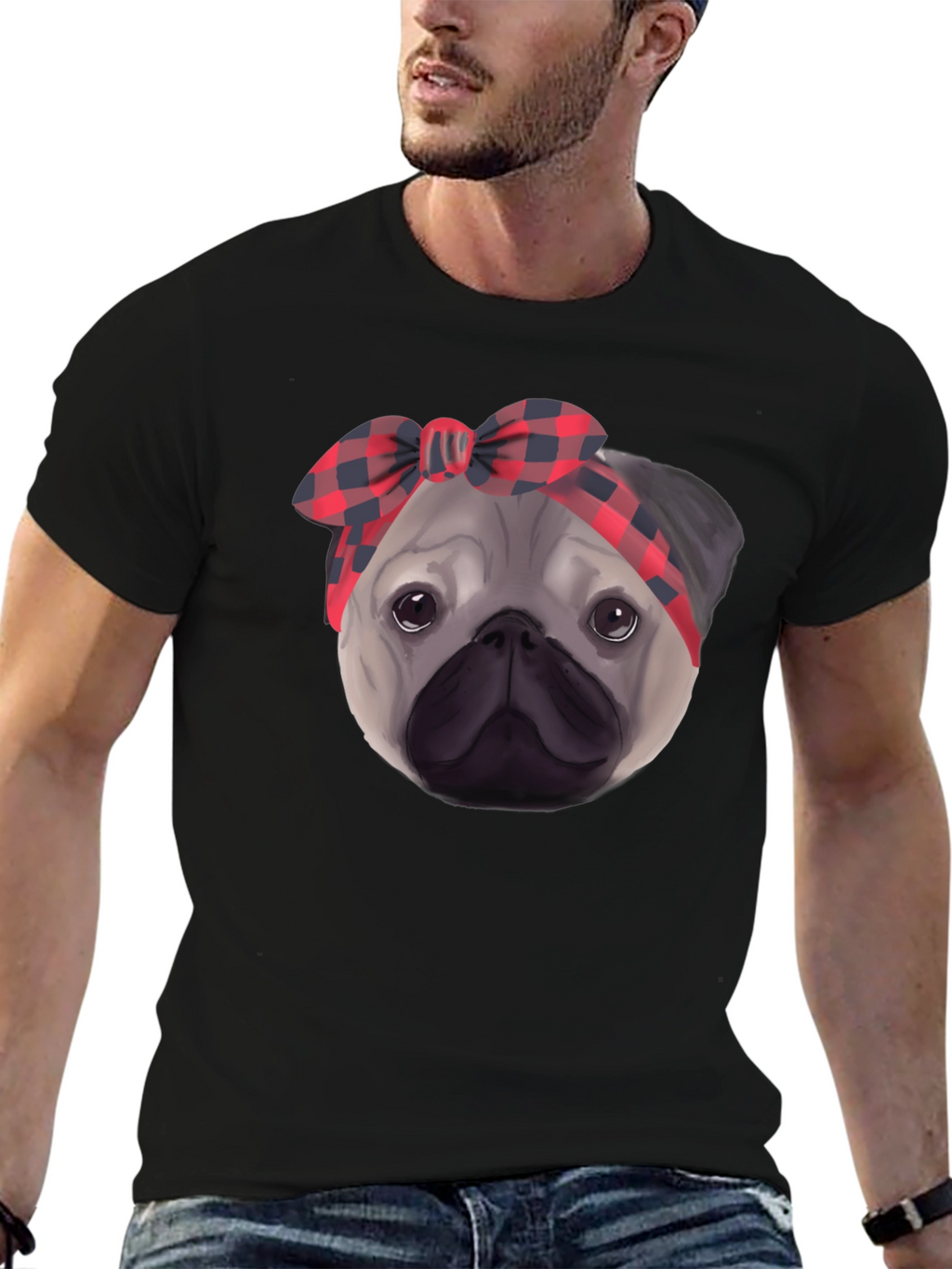 Pug Head Plaid Bandana Black T-Shirt