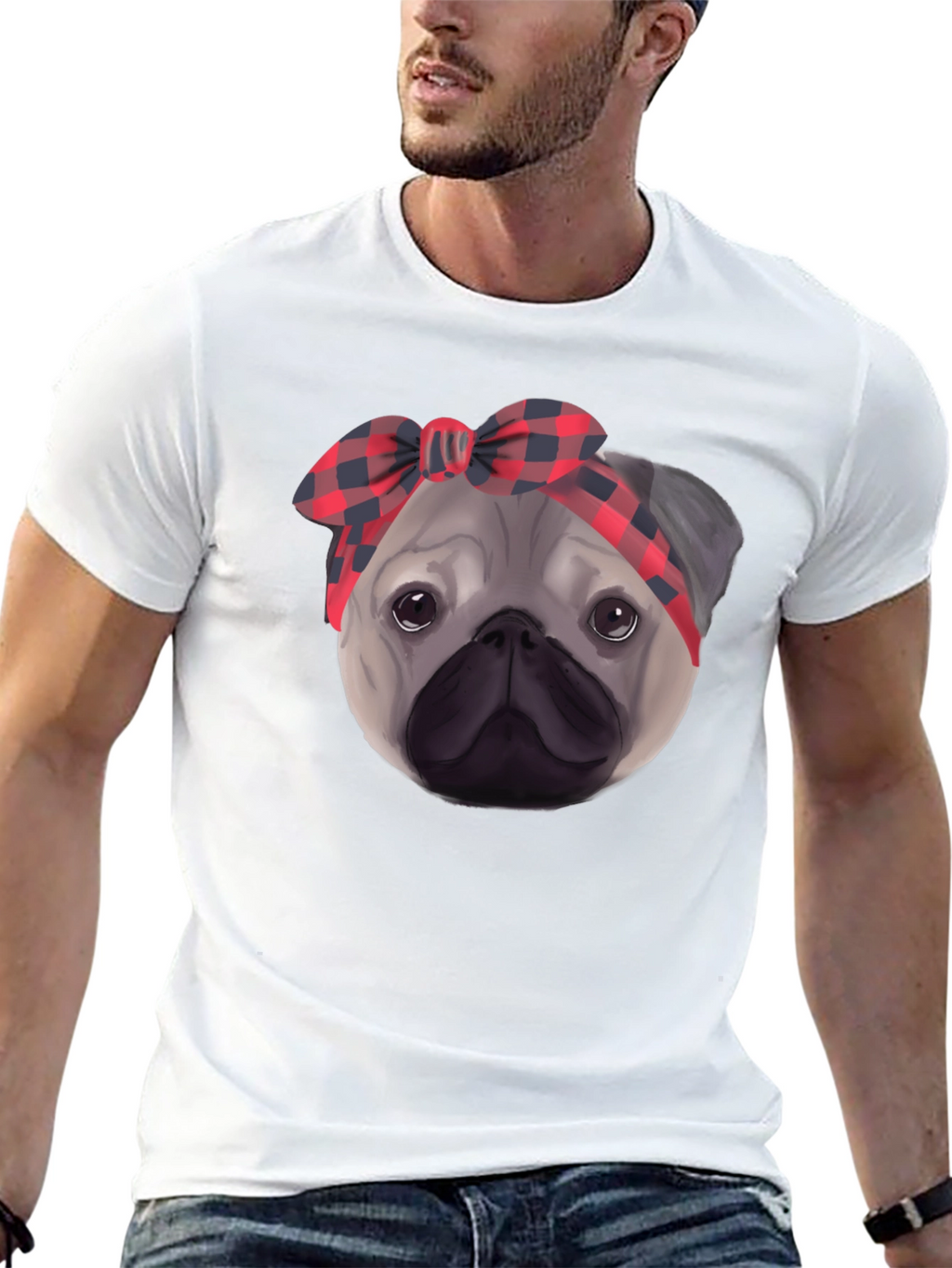 Pug Head Plaid Bandana Black T-Shirt