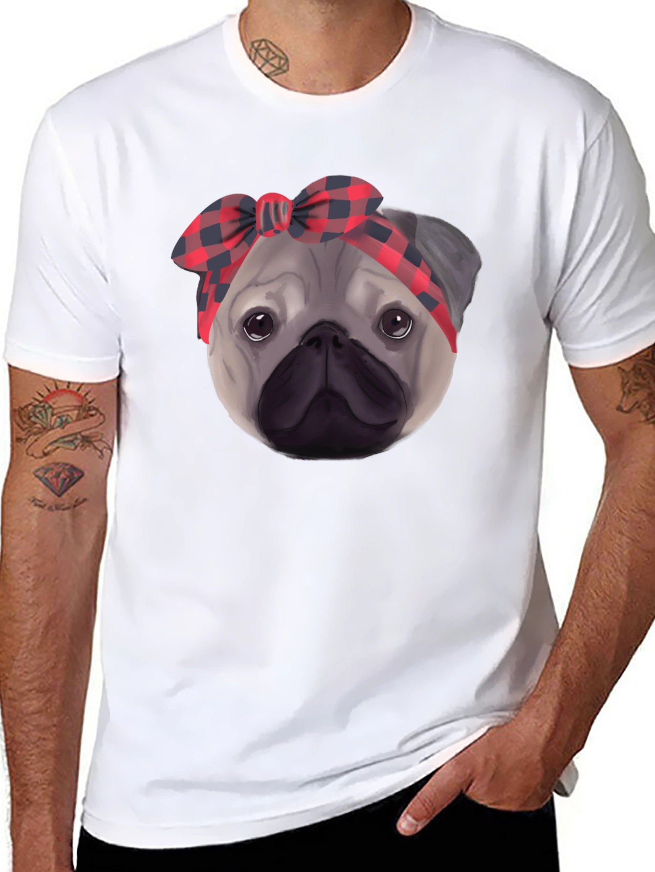 Pug Head Plaid Bandana Black T-Shirt