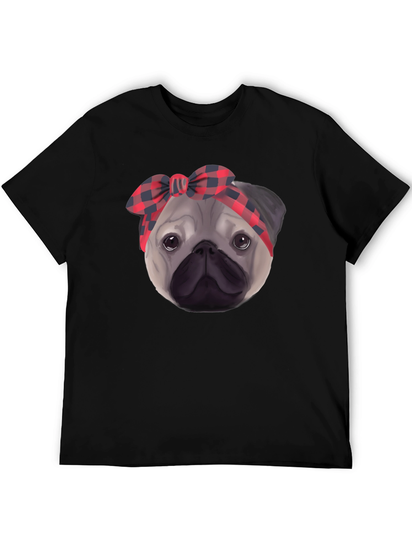 Pug Head Plaid Bandana Black T-Shirt