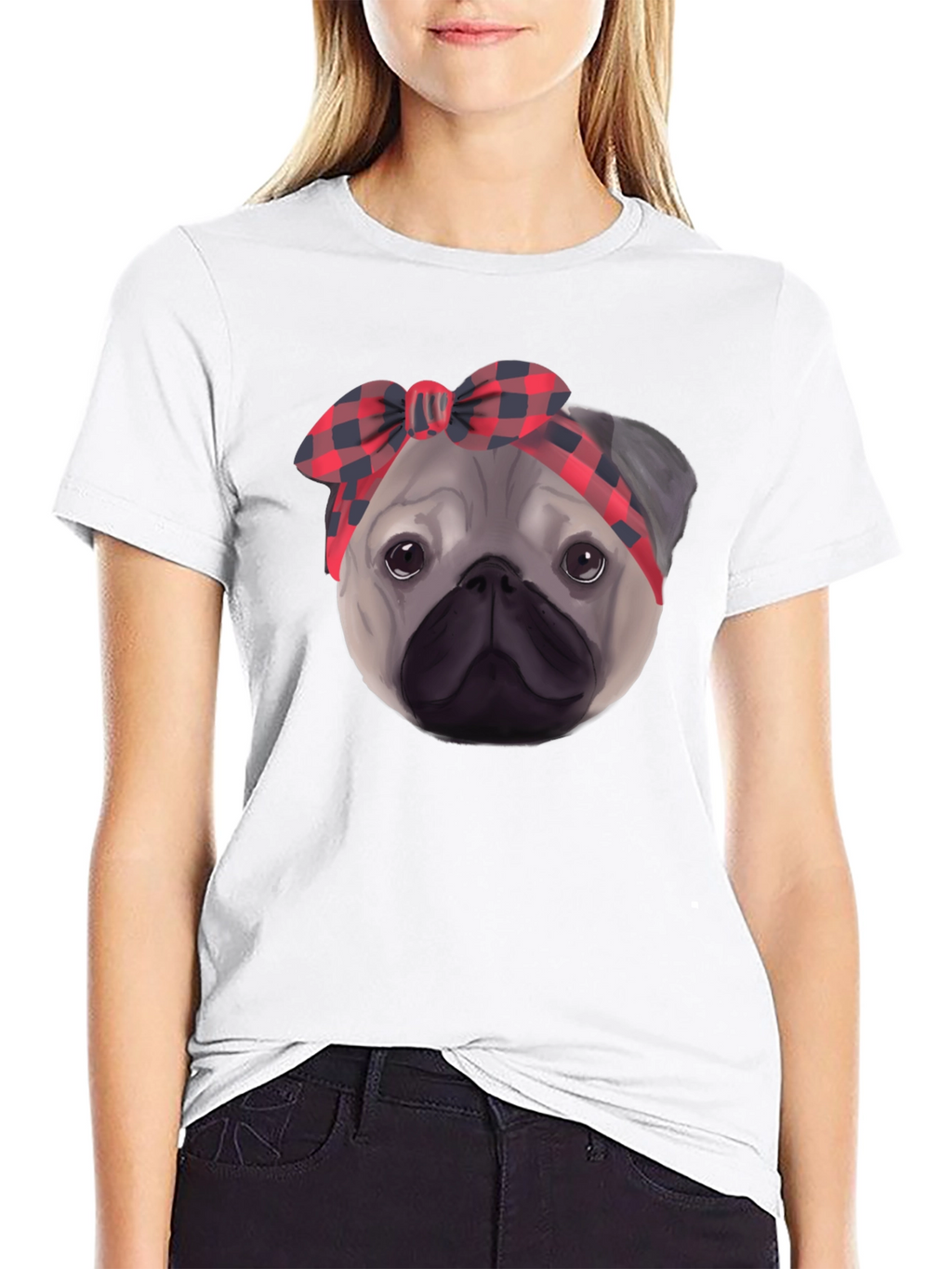 Pug Head Plaid Bandana Black T-Shirt