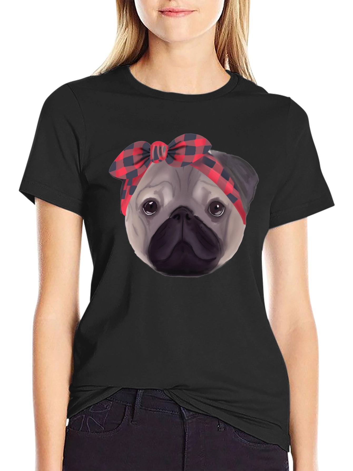 Pug Head Plaid Bandana Black T-Shirt