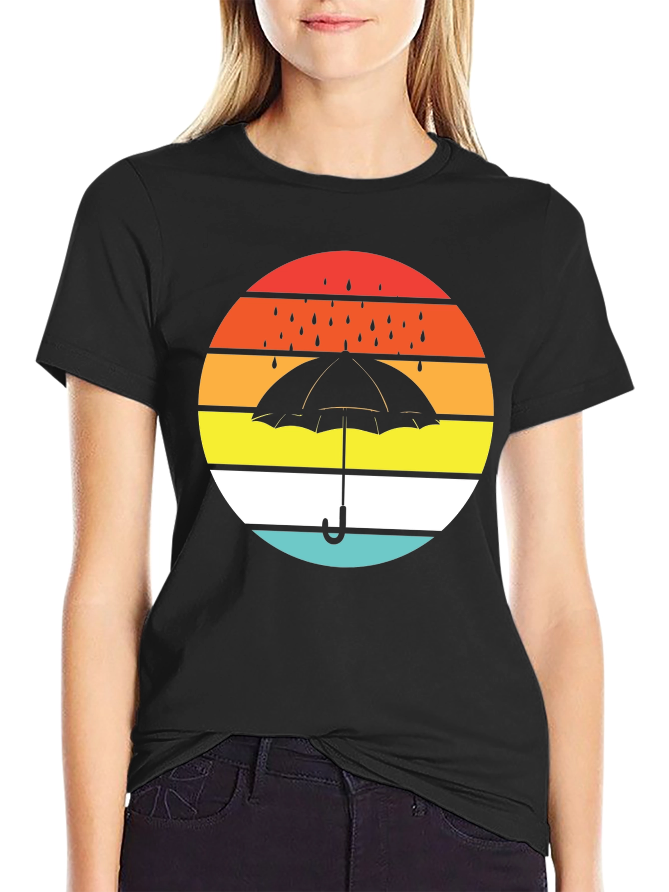 Retro Sunset Umbrella Black T-Shirt