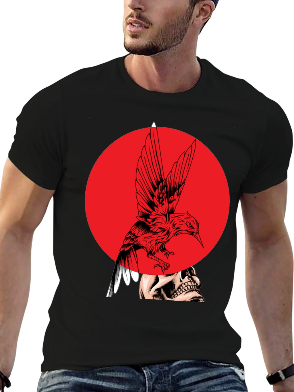 Edgy Bird & Skull Graphic Black T-Shirt