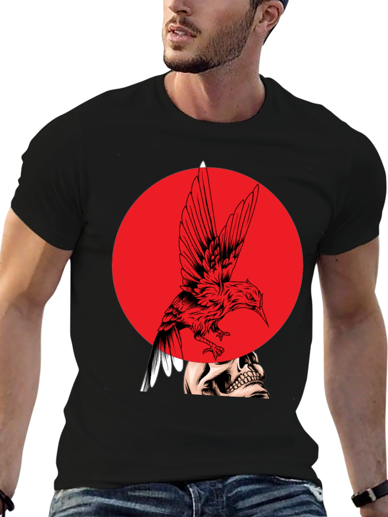 Edgy Bird & Skull Graphic Black T-Shirt
