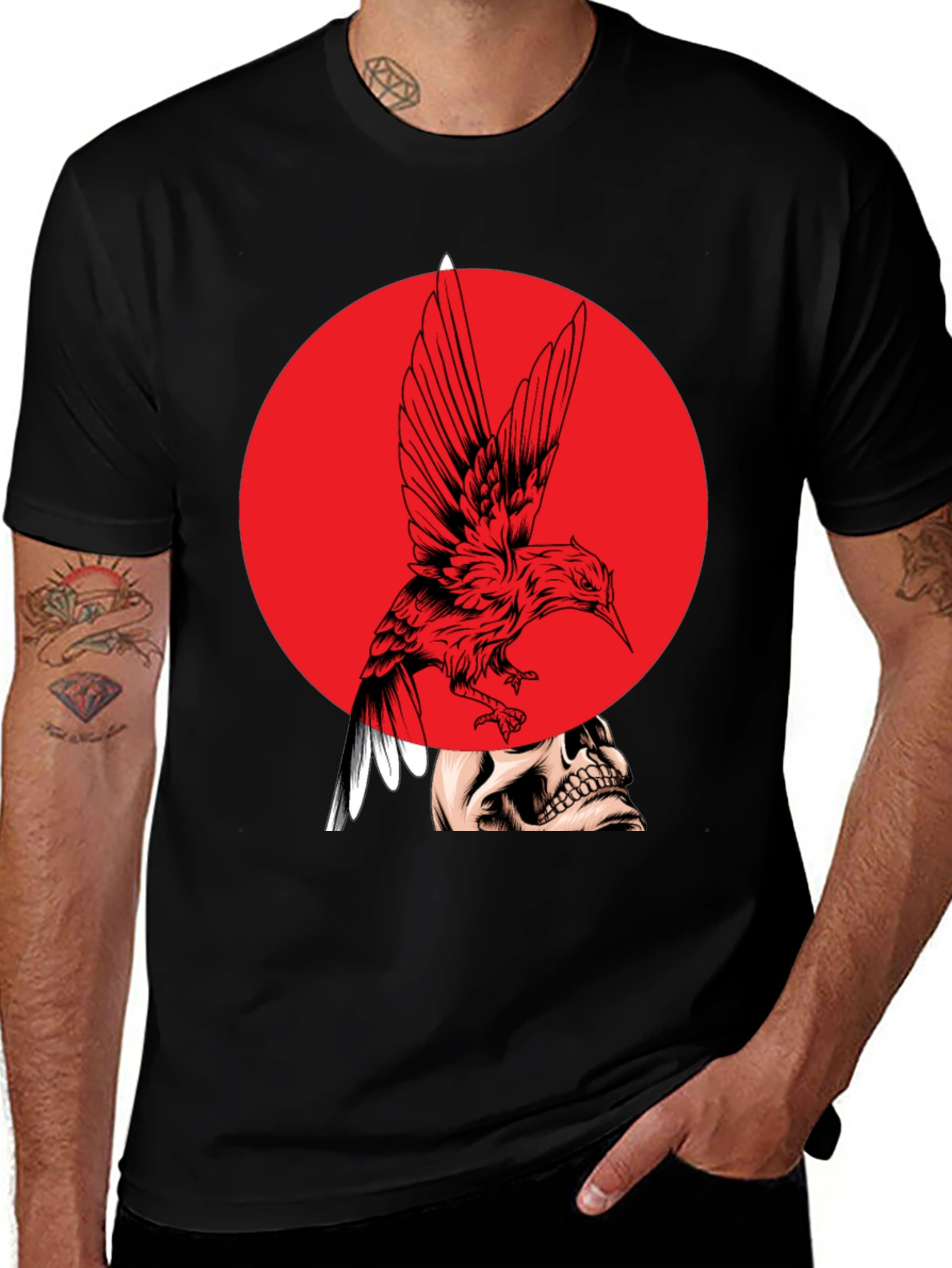 Edgy Bird & Skull Graphic Black T-Shirt