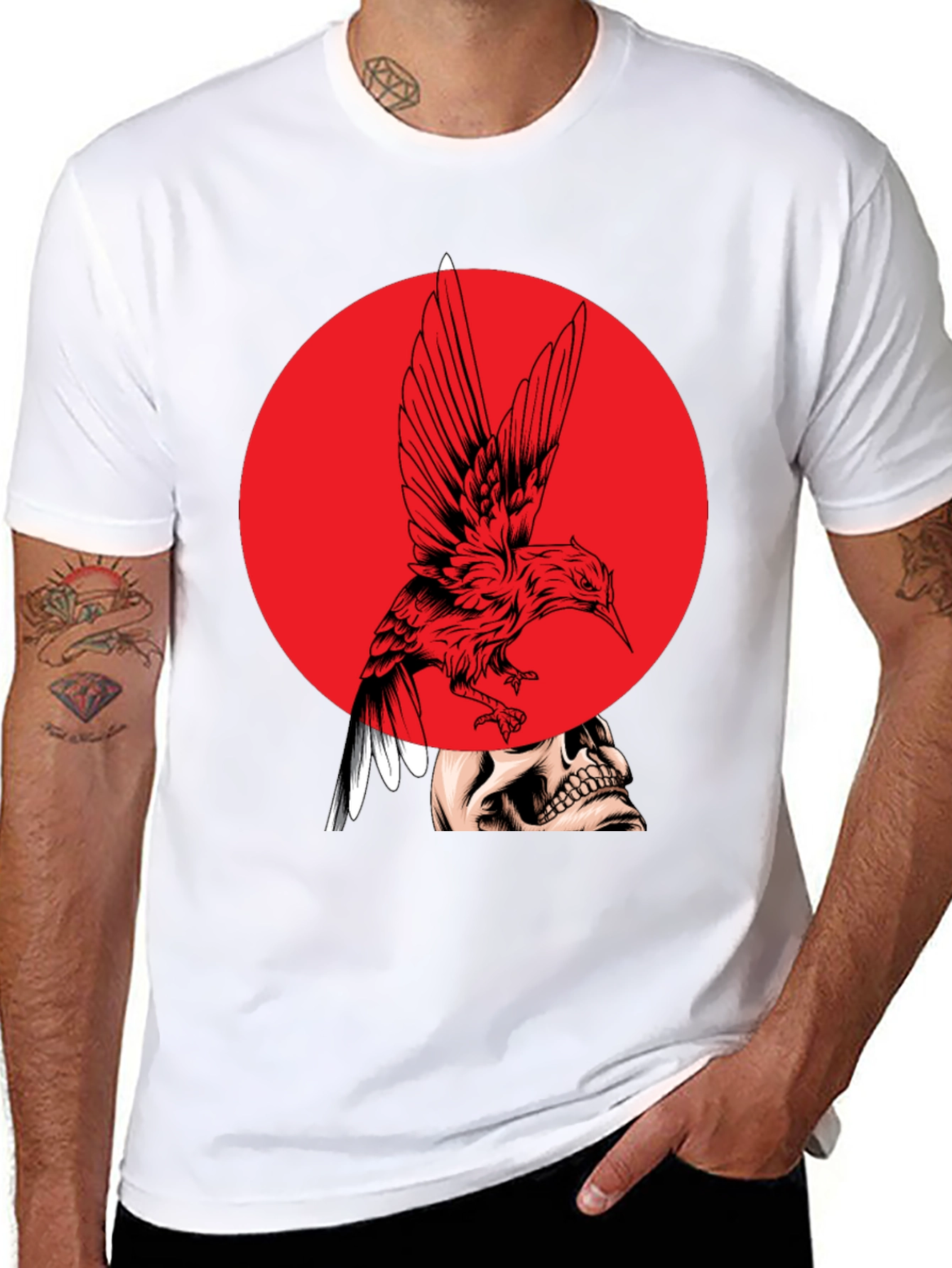 Edgy Bird & Skull Graphic Black T-Shirt
