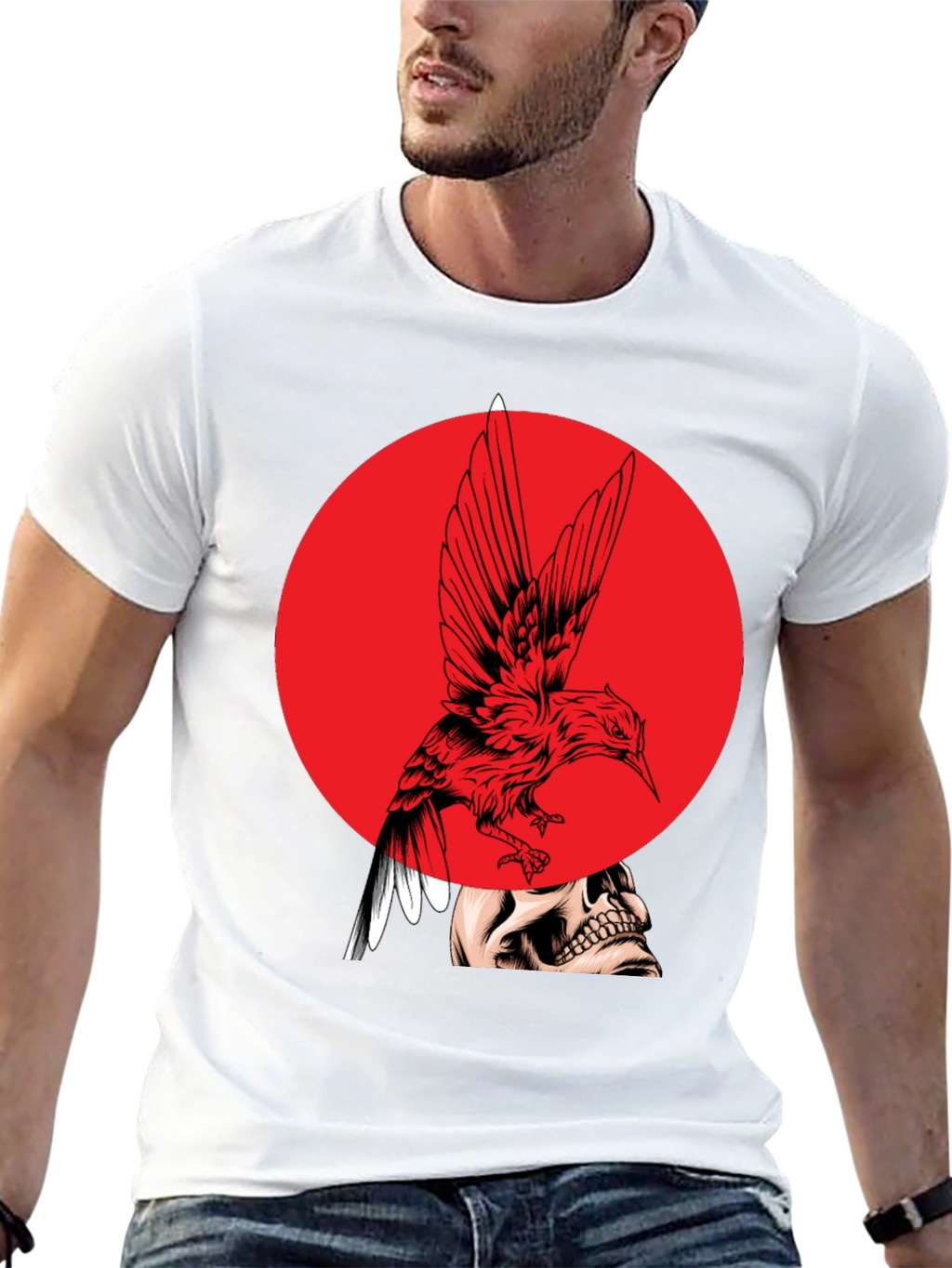 Edgy Bird & Skull Graphic Black T-Shirt