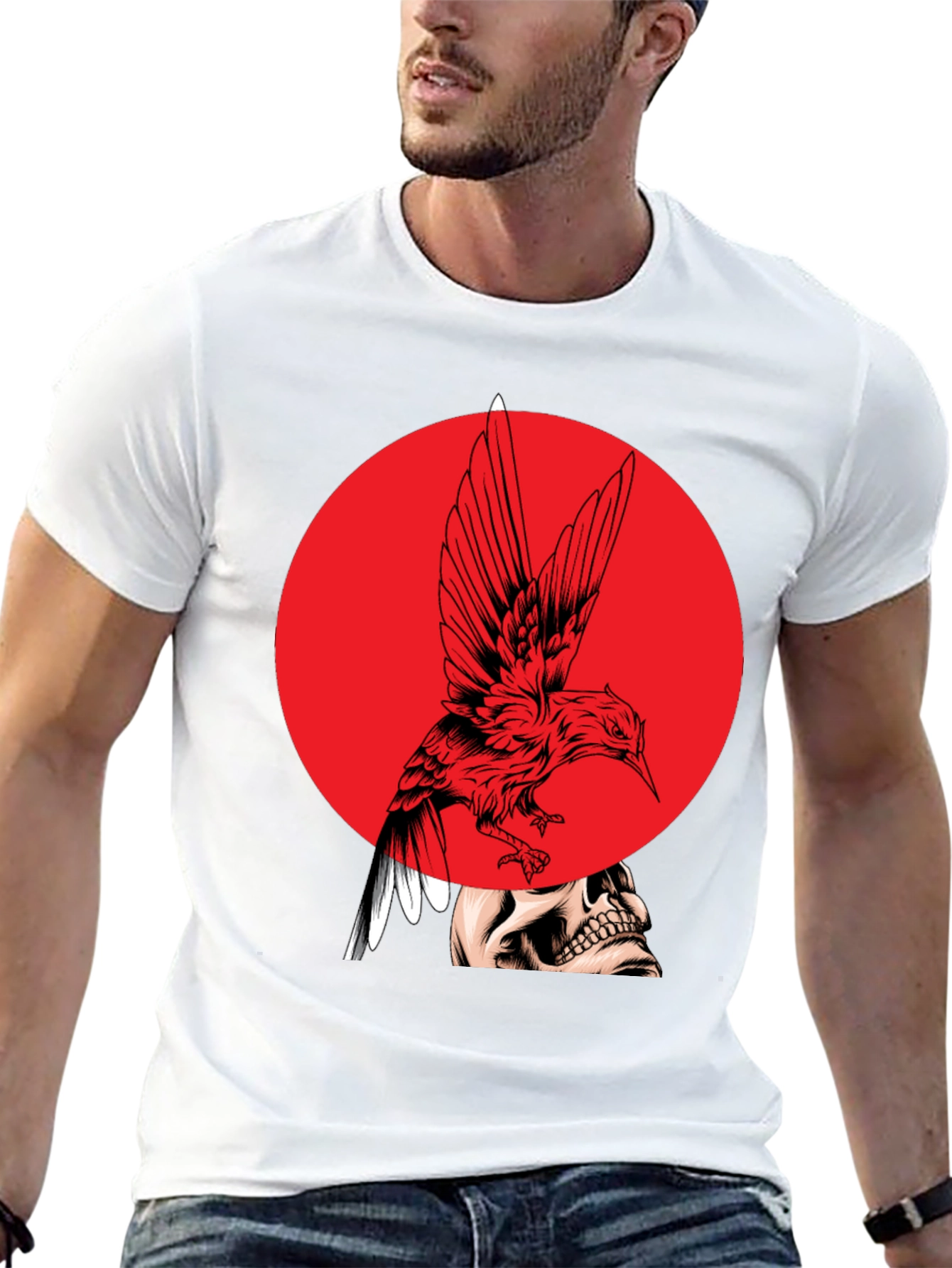 Edgy Bird & Skull Graphic Black T-Shirt