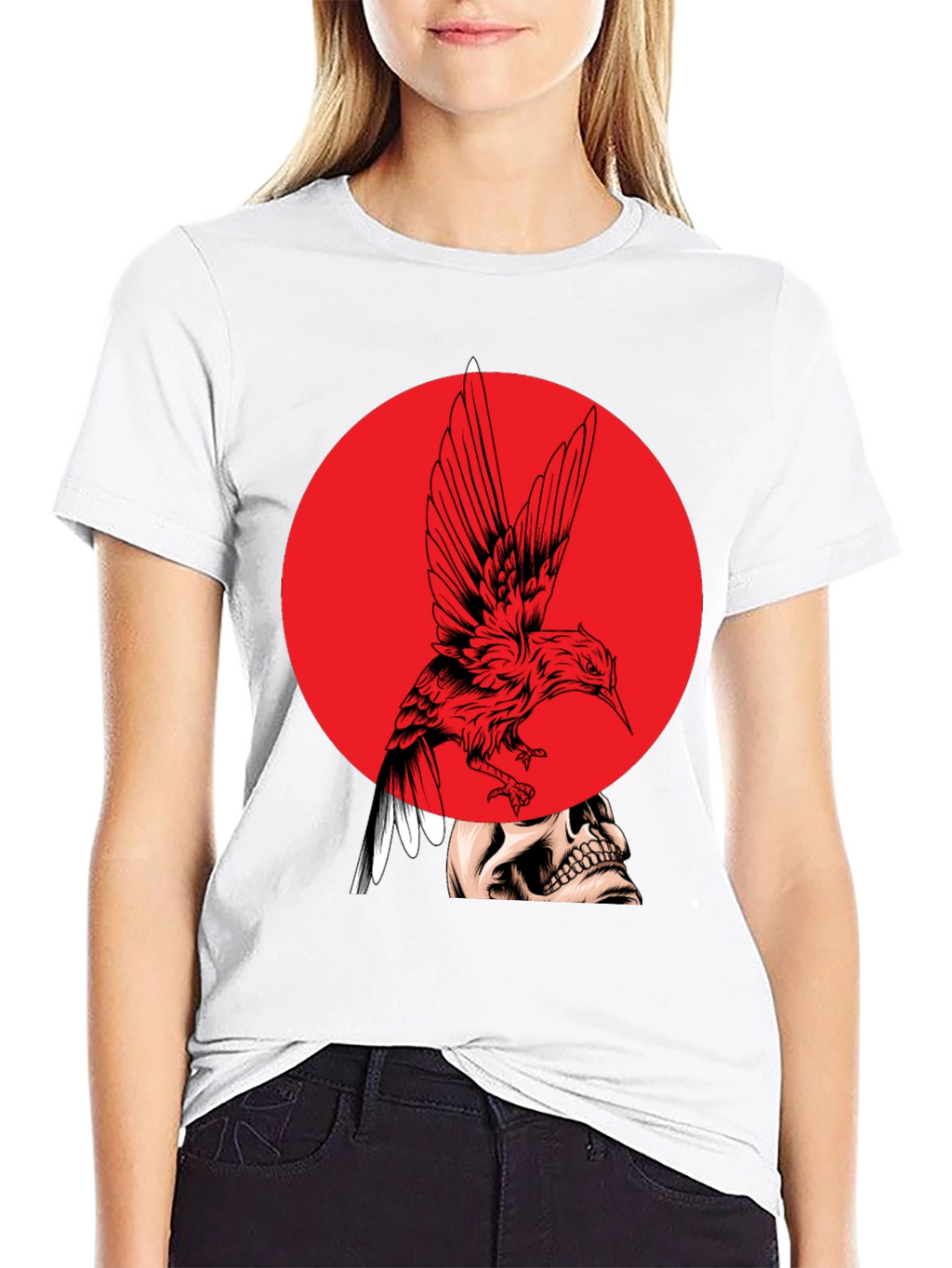 Edgy Bird & Skull Graphic Black T-Shirt