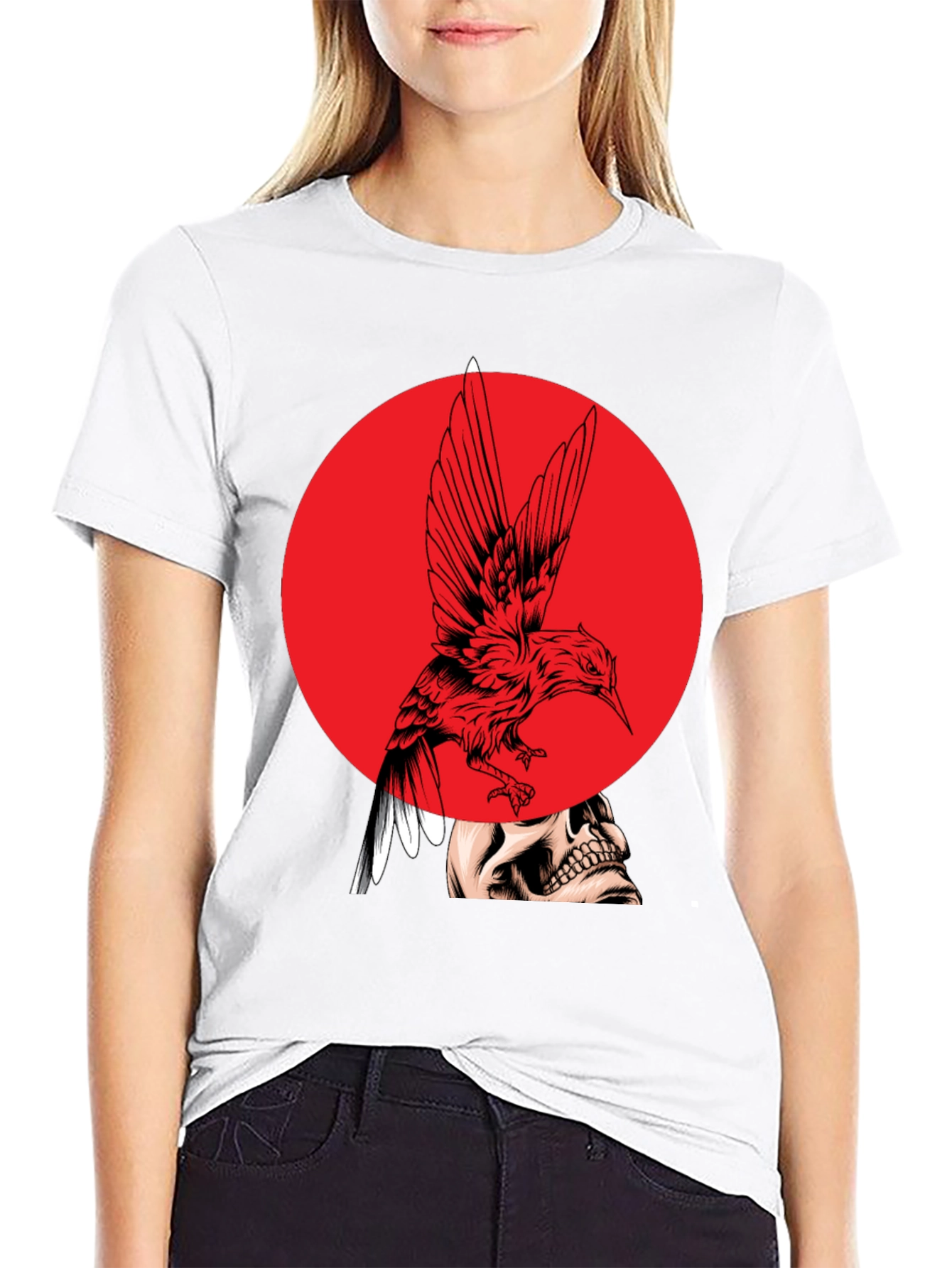 Edgy Bird & Skull Graphic Black T-Shirt