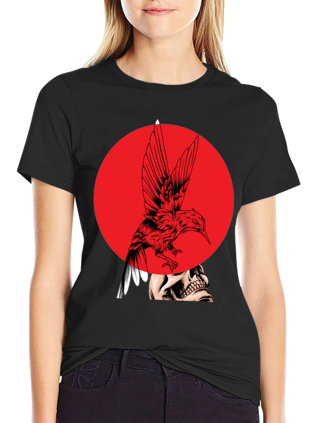 Edgy Bird & Skull Graphic Black T-Shirt