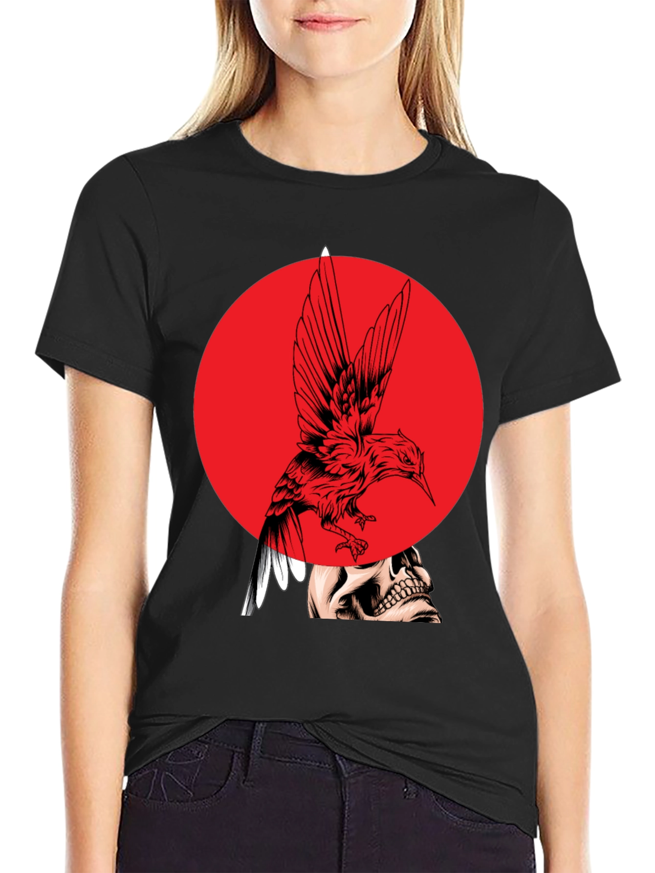 Edgy Bird & Skull Graphic Black T-Shirt