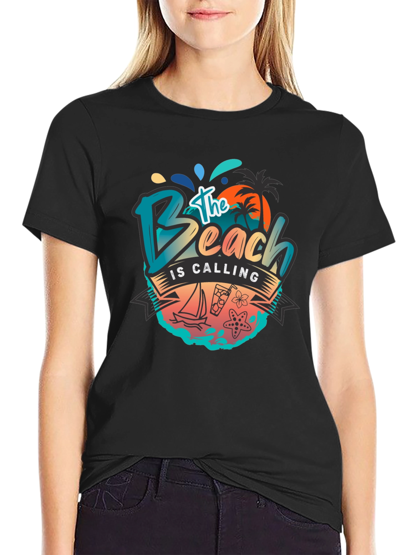 The Beach Is Calling Graphic T-Shirt - Black