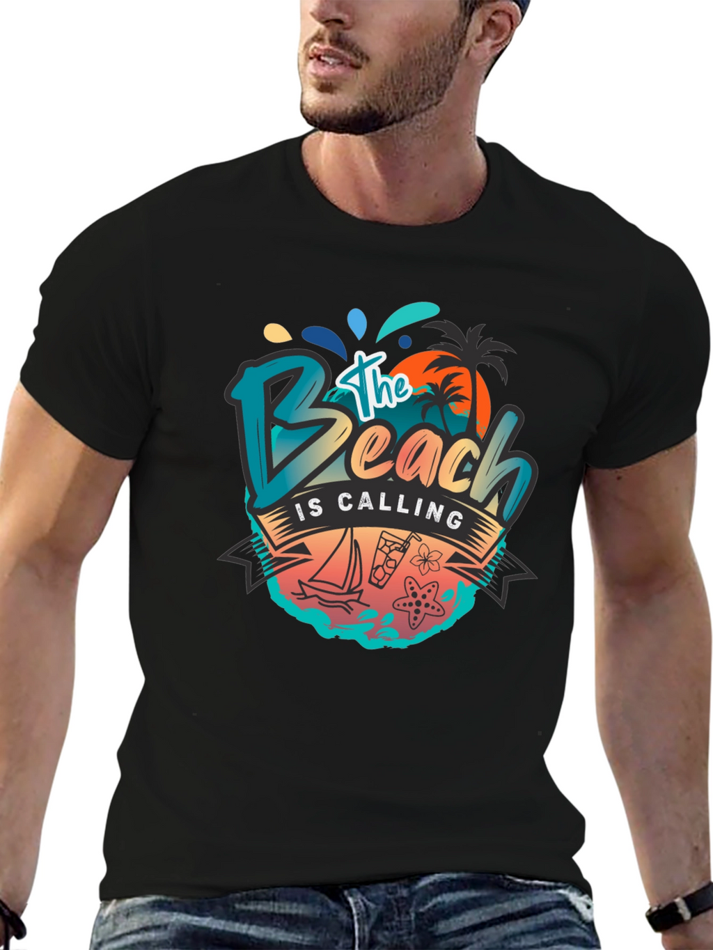 The Beach Is Calling Graphic T-Shirt - Black