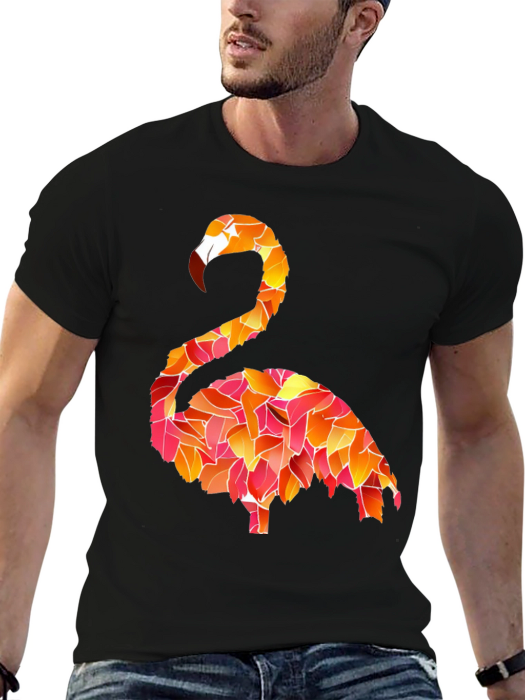 Flamingo Leaf Pattern Black T-Shirt