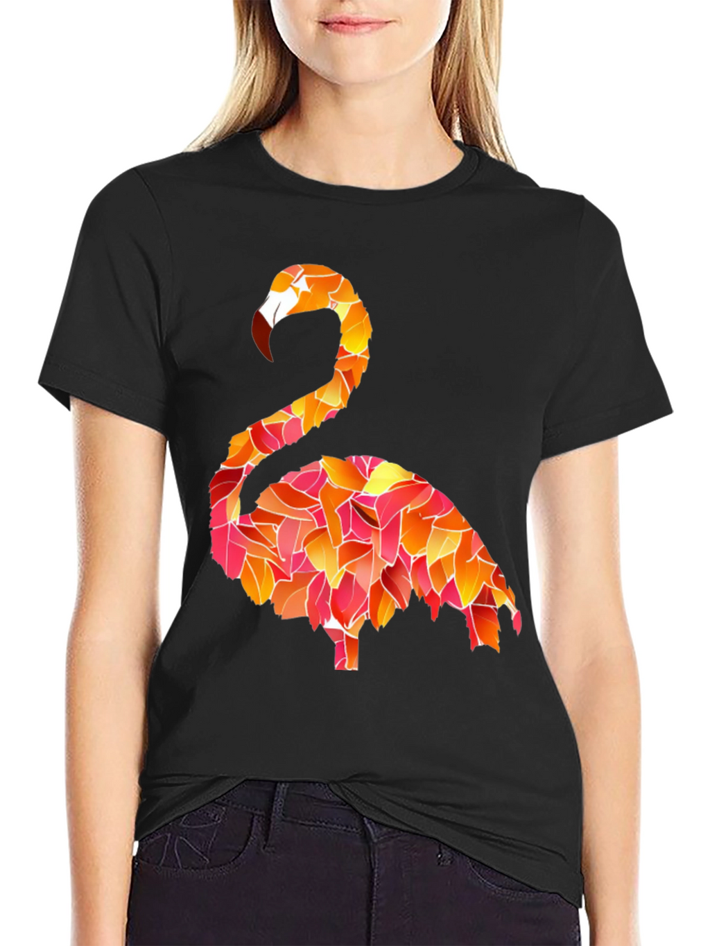 Flamingo Leaf Pattern Black T-Shirt