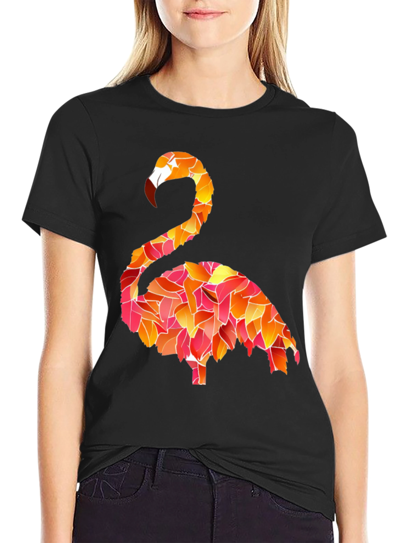 Flamingo Leaf Pattern Black T-Shirt