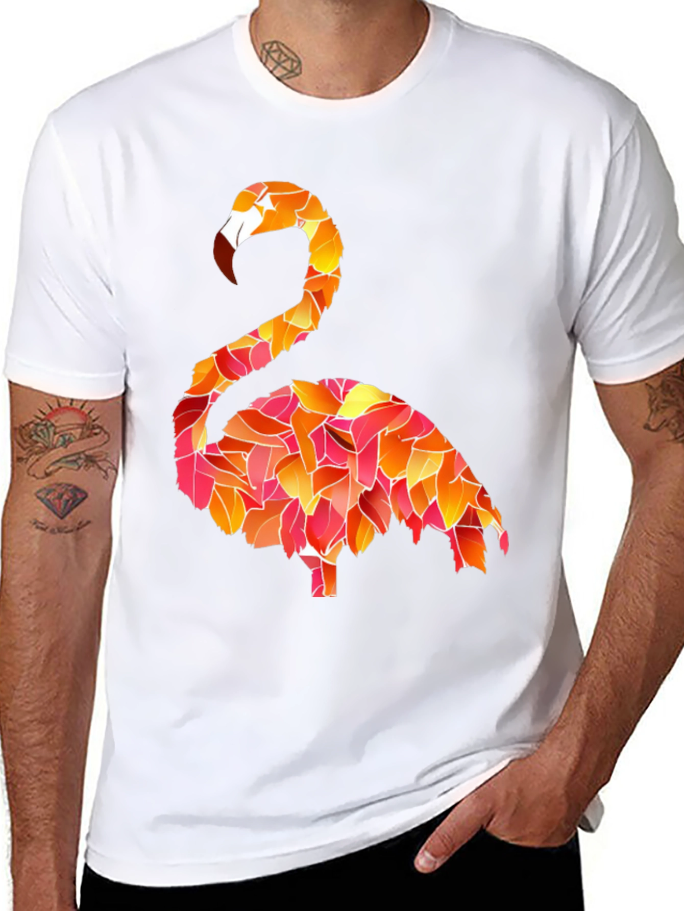 Flamingo Leaf Pattern Black T-Shirt