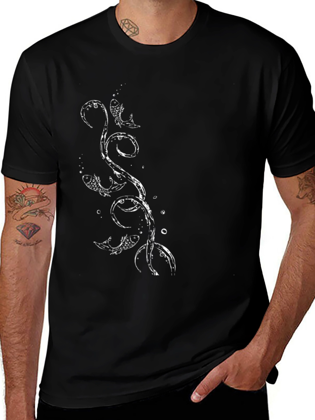 Mens Black T-Shirt with Fish Graphic Print