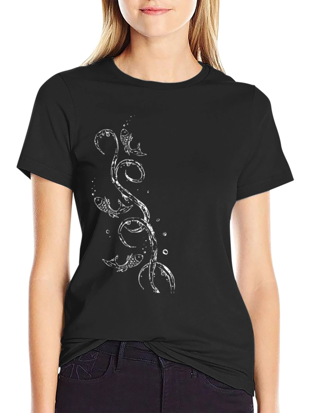 Mens Black T-Shirt with Fish Graphic Print